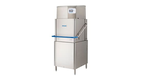 Tall stainless-steel Ecolab EHT dishmachine with a press lever for the restaurant industry .