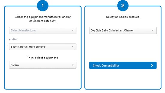 Screenshots of Ecolab's Compatibility Search Tool's interface.