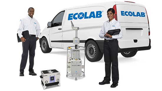 Ecolab Reps with Bioquell equipment next to an Ecolab van