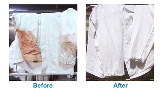 Before and after pictures of a white uniform cleaned by Ecolab Performance Industrial XXL