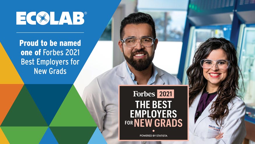 Two young employees wearing Ecolab and Nalco Water lab coats and protective eyewear, with overlay text that reads "Proud to be named one of Forbes 2021 Best Employers for New Grads" and the associated Forbes award logo