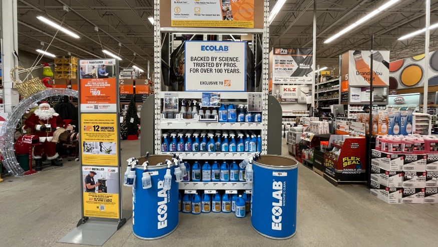 A display of Ecolab's Science Certified product line in a Home Depot store in Canada.