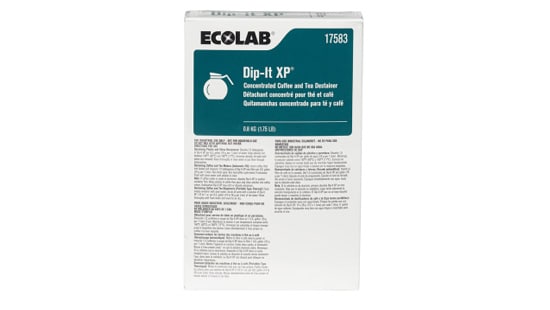 Commercial box of Ecolab Dip-it XP for the cleaning of stubborn stains on coffee pots created by coffee and tea.