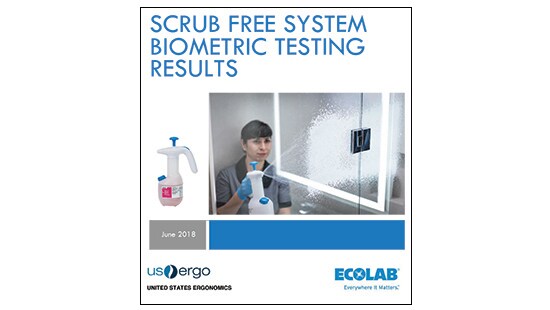 Cover of a US ergo report on ecolab scrub free system biometrics testing results with an image of a custodian lady using the hand pump.