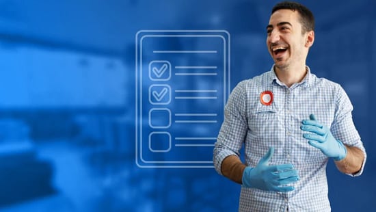 Professional wearing blue gloves smiling, standing beside a checklist graphic on a blue background.