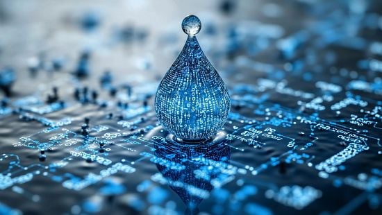Digital water drop features cascading binary code, symbolizing the fusion of technology and nature, representing data flow and innovation in the digital age.
