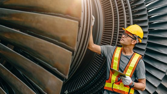 Professional engineer checking service coal power plant steam gas turbine fan blade electrical generator propulsion systems