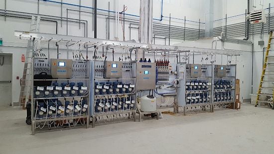 Liquid dispensing system in warehouse setting.