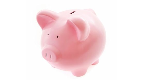 Pink pig-shaped coin bank on white background.